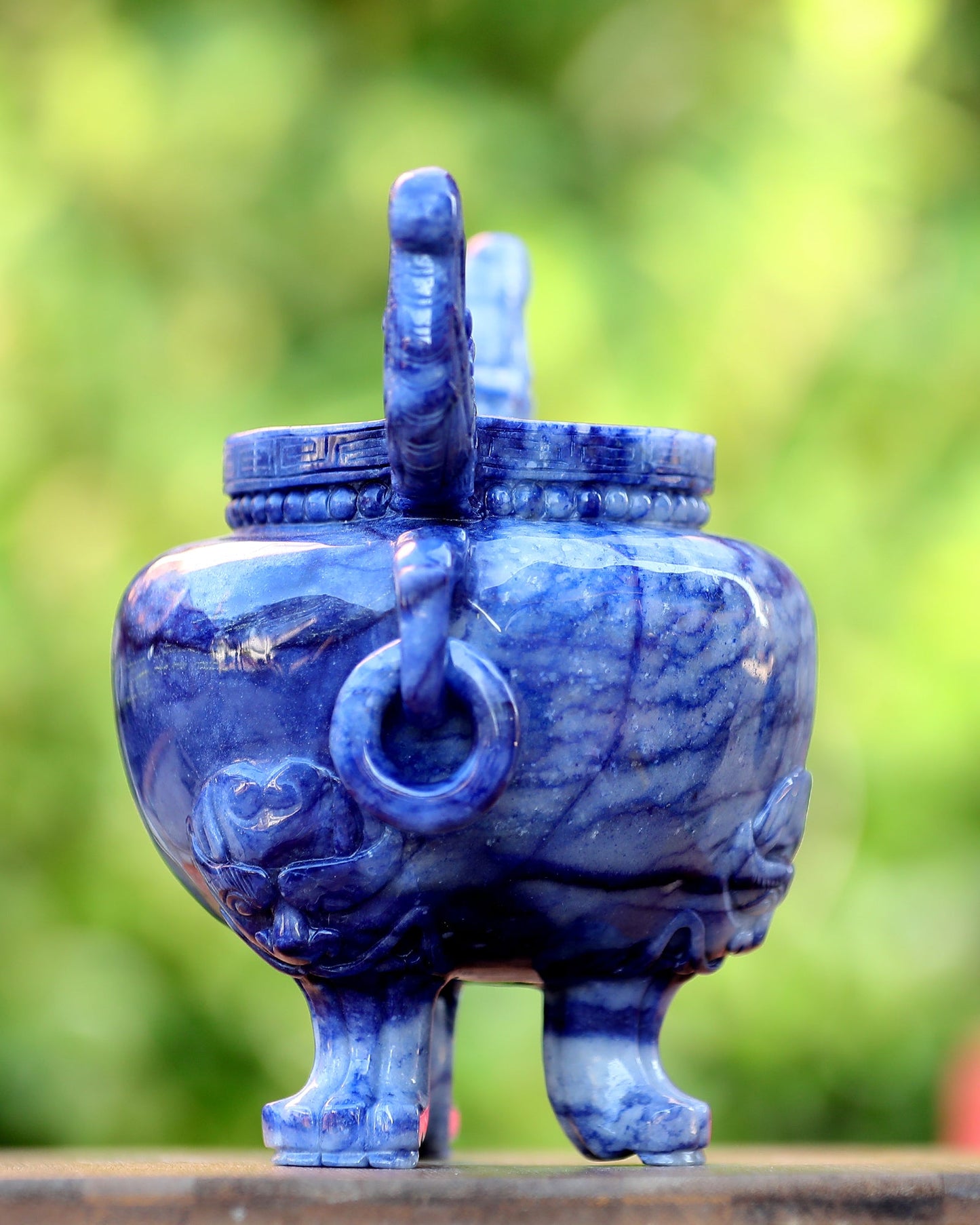 Nicedony 8.3” Natural Blue Aventurine Hand Carved 3 Foot Censer - View 3