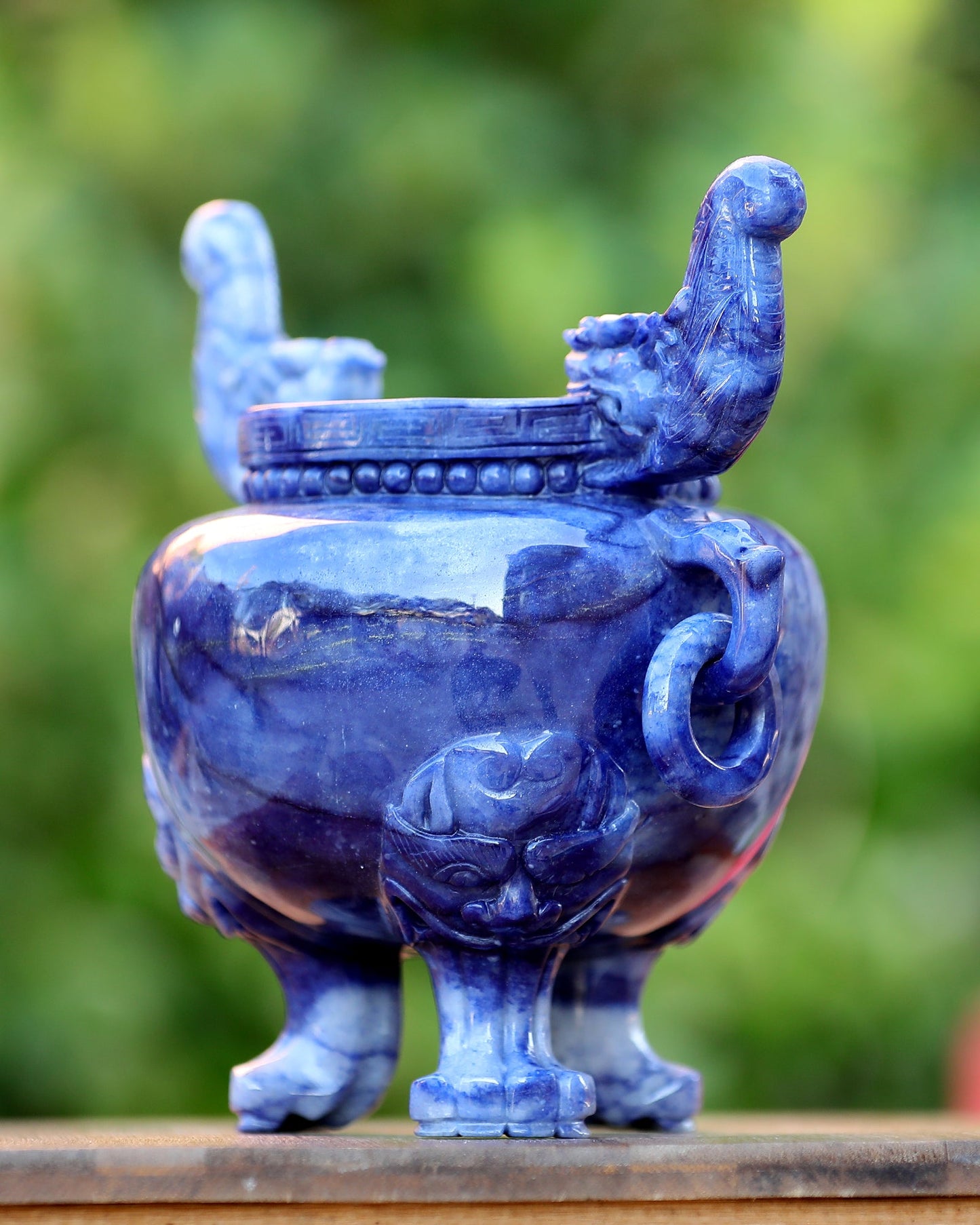 Nicedony 8.3” Natural Blue Aventurine Hand Carved 3 Foot Censer - View 4