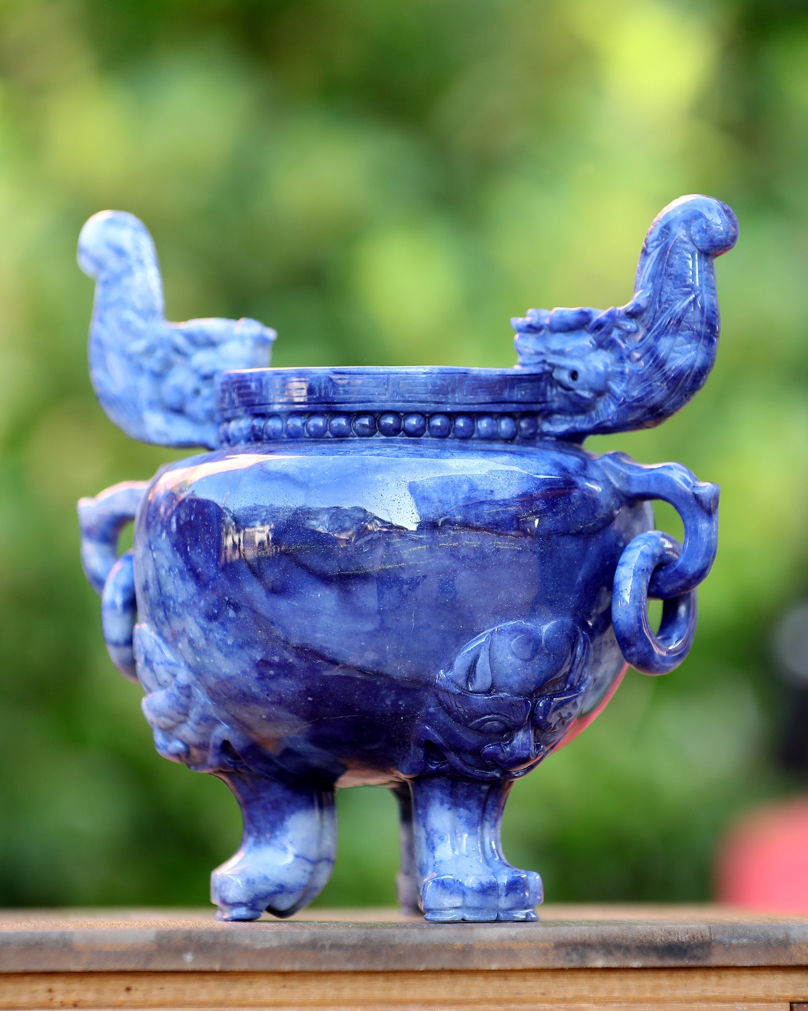 Nicedony 8.3” Natural Blue Aventurine Hand Carved 3 Foot Censer - View 5