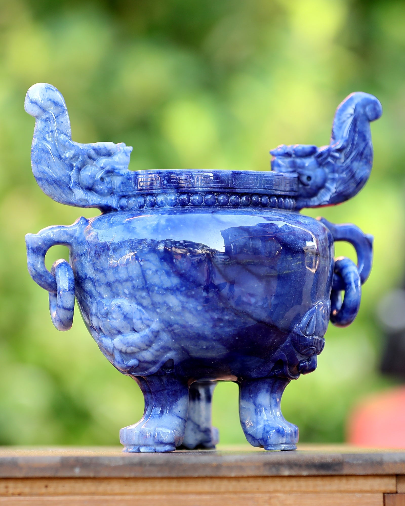 Nicedony 8.3” Natural Blue Aventurine Hand Carved 3 Foot Censer - View 6