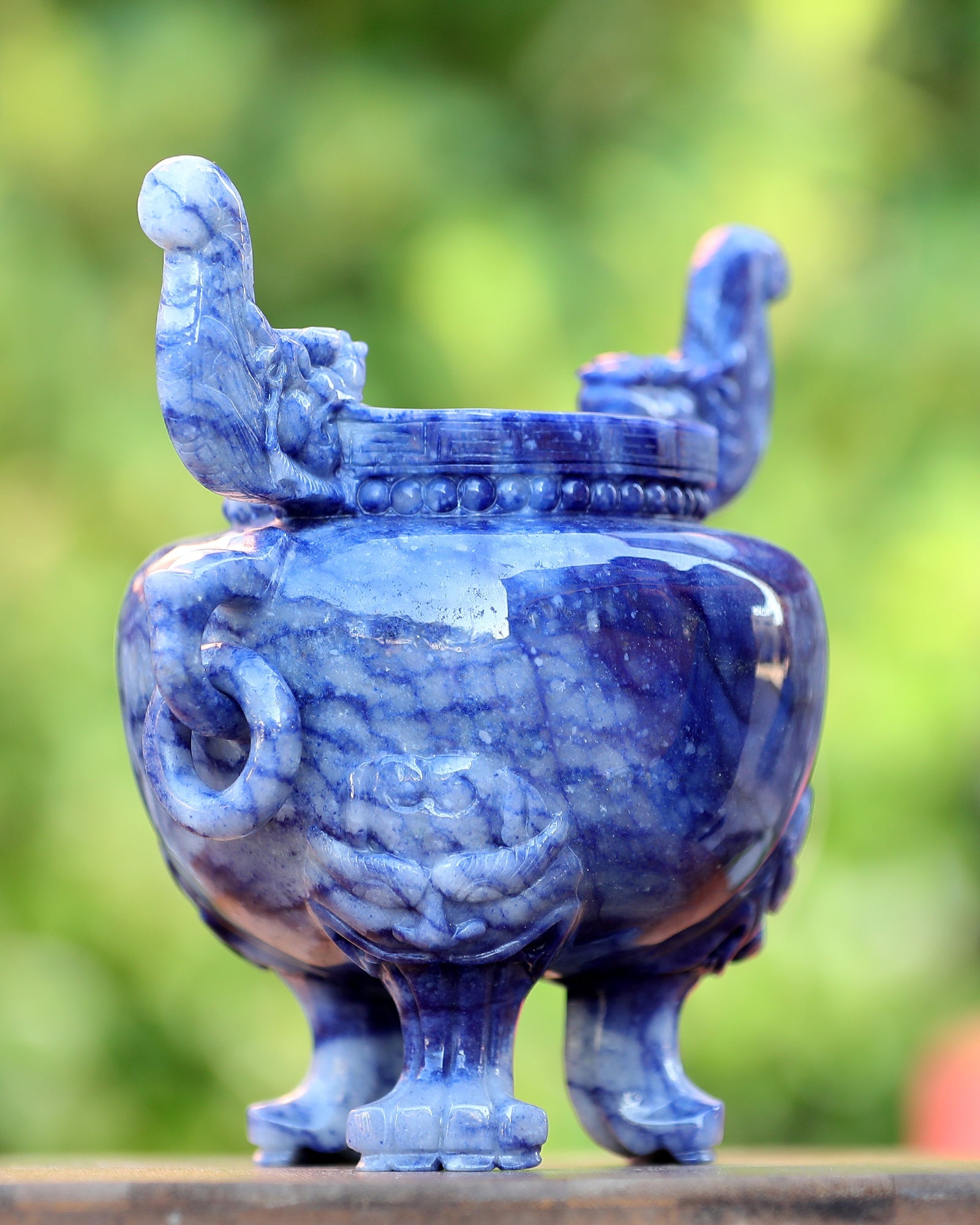 Nicedony 8.3” Natural Blue Aventurine Hand Carved 3 Foot Censer - View 7