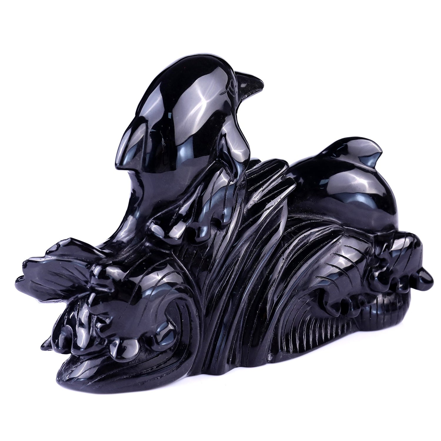Nicedony 8.5" Black Obsidian Hand Carved Crystal Dolphins Sculpture (SKU: 1100098) - Photo 2