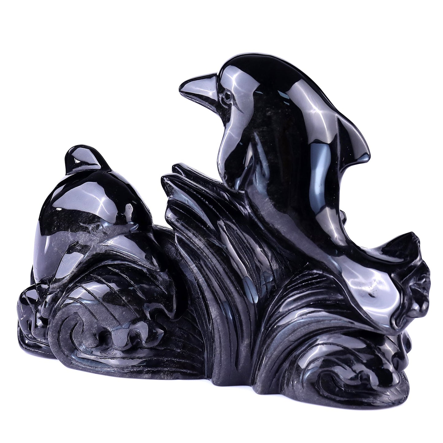 Nicedony 8.5" Black Obsidian Hand Carved Crystal Dolphins Sculpture - View 5