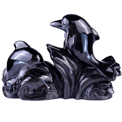 Nicedony 8.5" Black Obsidian Hand Carved Crystal Dolphins Sculpture