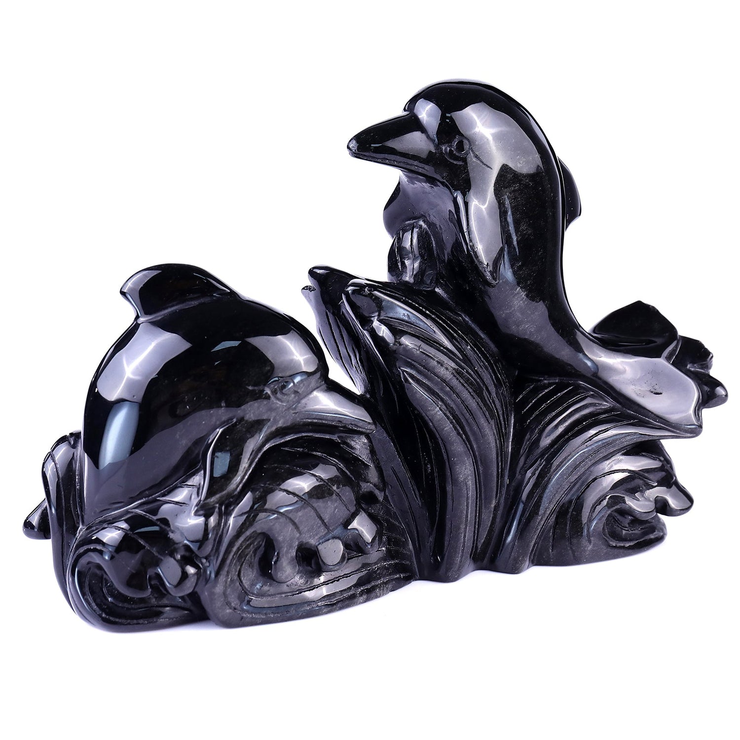 Nicedony 8.5" Black Obsidian Hand Carved Crystal Dolphins Sculpture (SKU: 1100098) - Photo 4