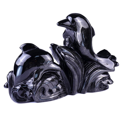 Nicedony 8.5" Black Obsidian Hand Carved Crystal Dolphins Sculpture - View 4