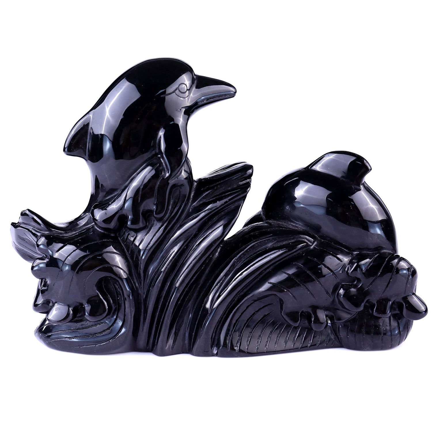Nicedony 8.5" Black Obsidian Hand Carved Crystal Dolphins Sculpture (SKU: 1100098) - Photo 3