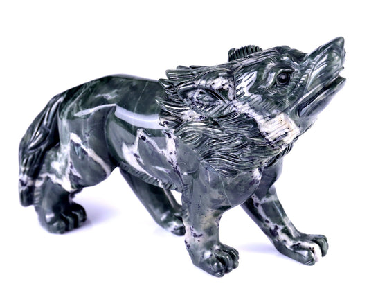 Nicedony 8.7" Jiulong Jade Hand Carved Crystal Wolf Sculpture
