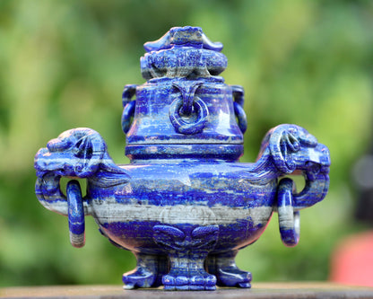 Nicedony 9.0” Natural Lapis Lazuli Hand Carved 3 Foot Censer with Lid