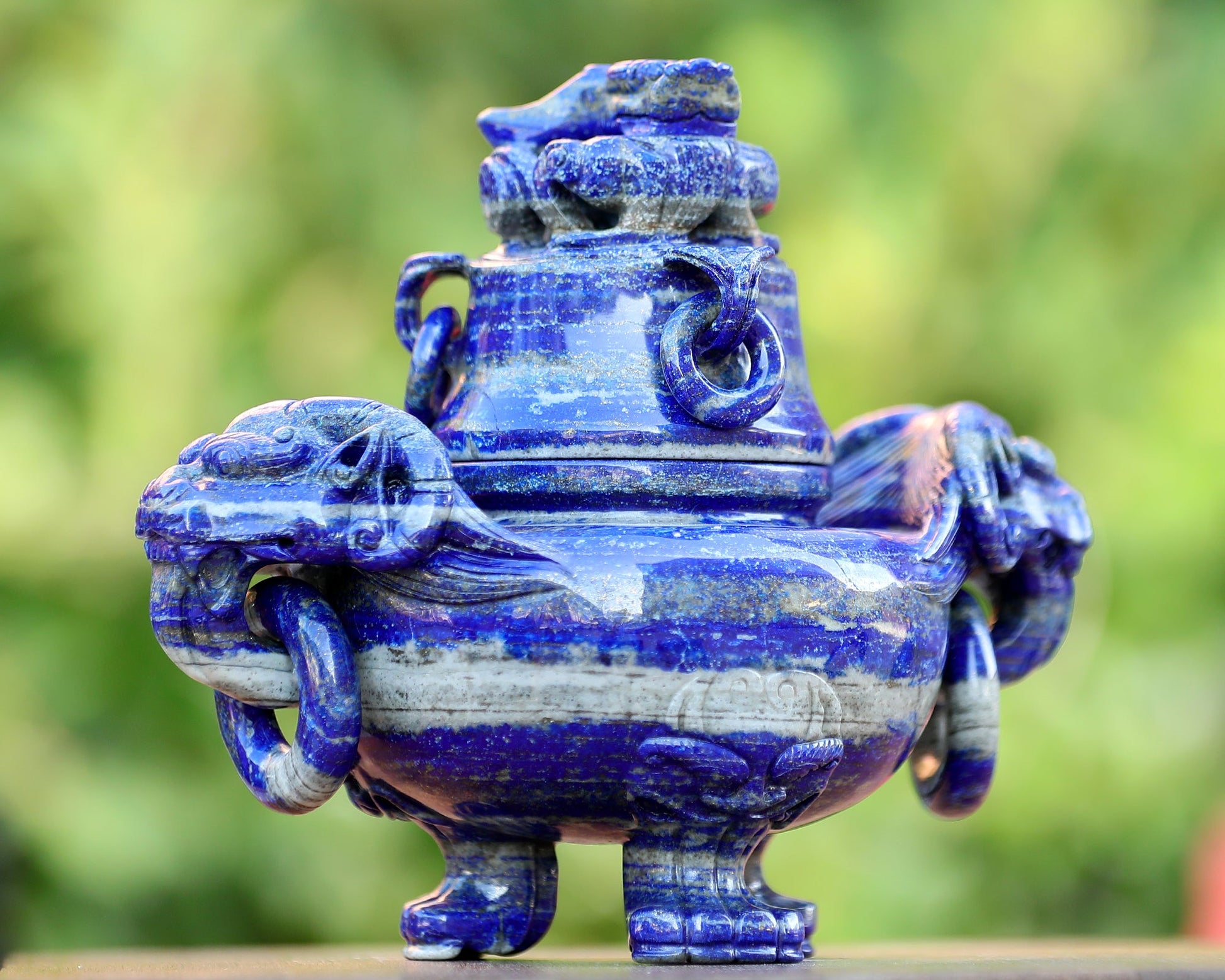 Nicedony 9.0” Natural Lapis Lazuli Hand Carved 3 Foot Censer with Lid - View 2