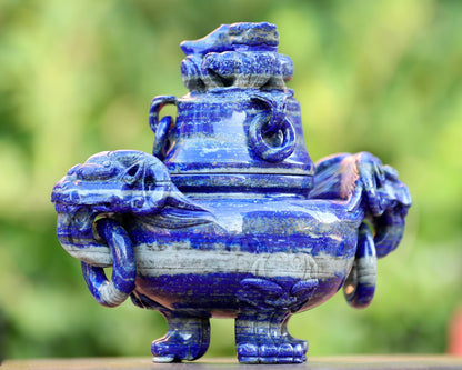 Nicedony 9.0” Natural Lapis Lazuli Hand Carved 3 Foot Censer with Lid - View 2