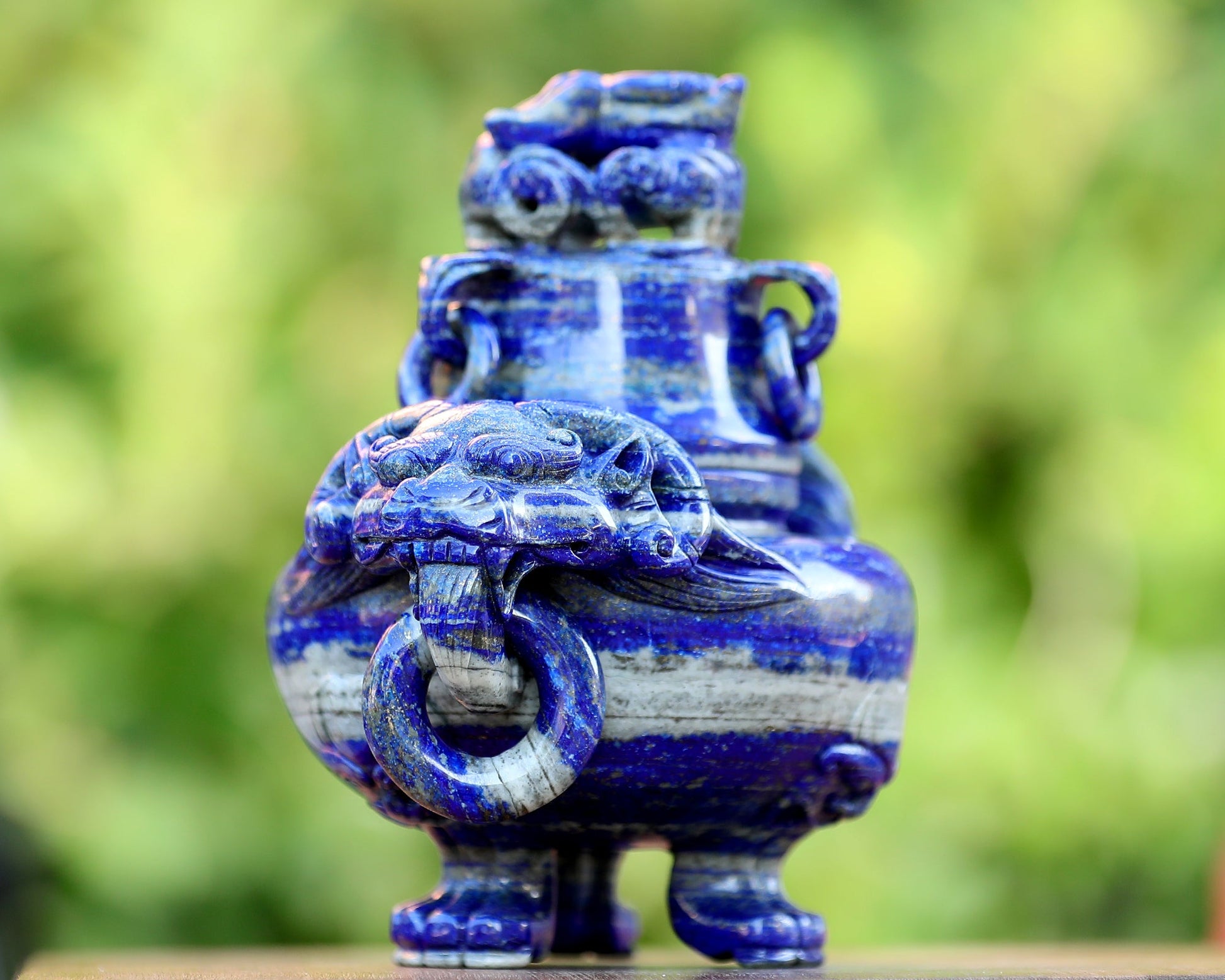 Nicedony 9.0” Natural Lapis Lazuli Hand Carved 3 Foot Censer with Lid - View 4