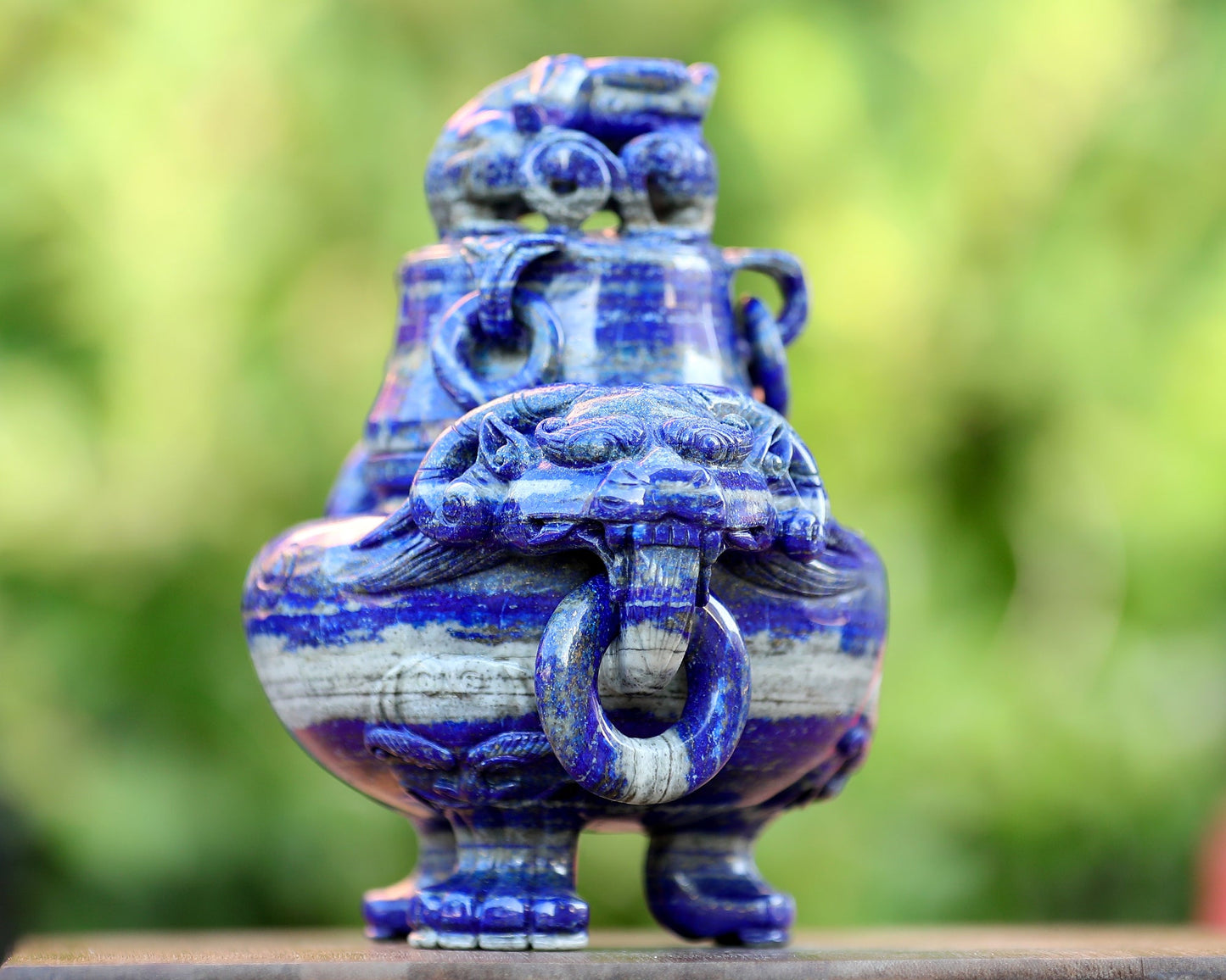 Nicedony 9.0” Natural Lapis Lazuli Hand Carved 3 Foot Censer with Lid - View 5