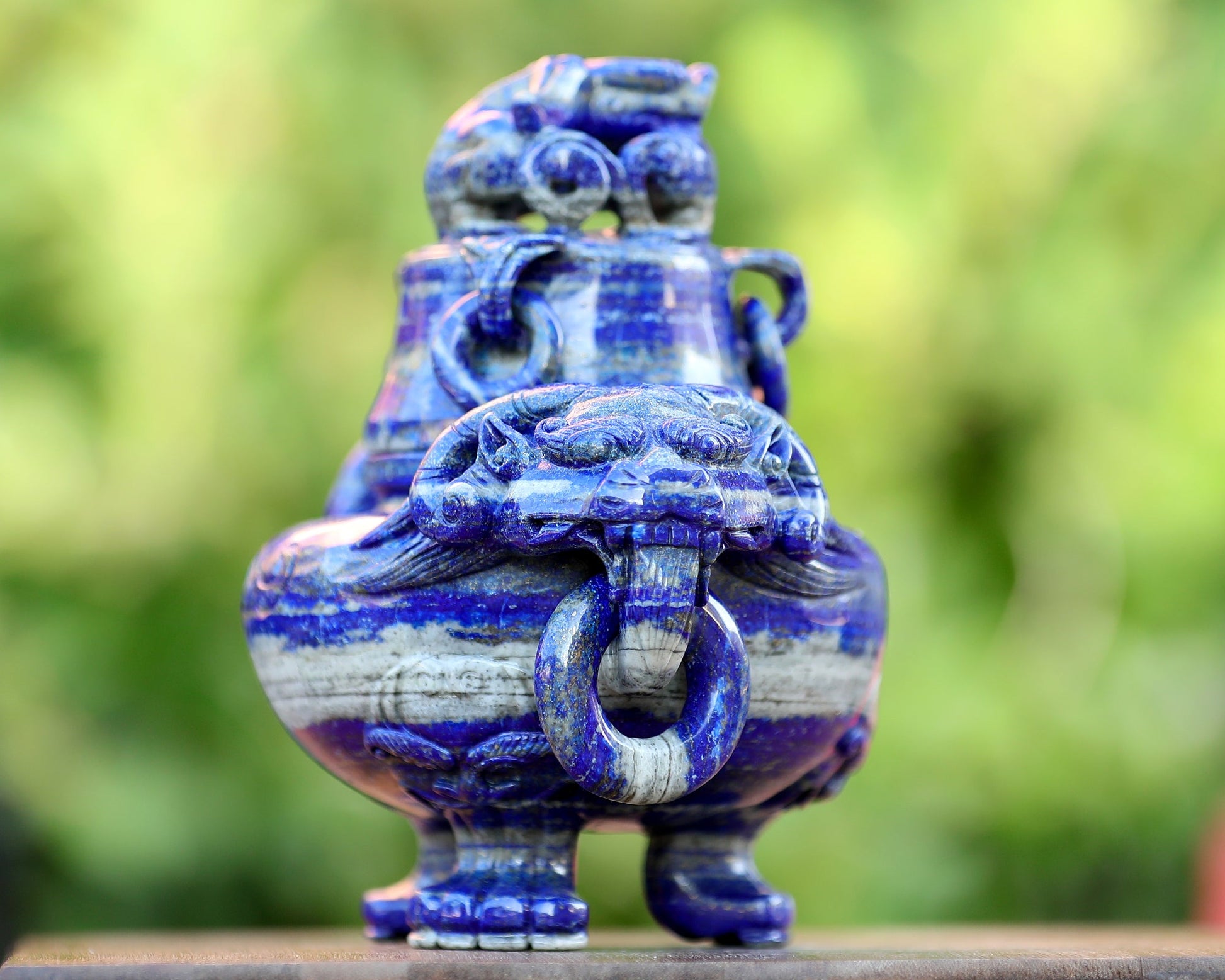 Nicedony 9.0” Natural Lapis Lazuli Hand Carved 3 Foot Censer with Lid - View 5