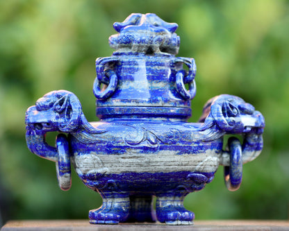 Nicedony 9.0” Natural Lapis Lazuli Hand Carved 3 Foot Censer with Lid - View 8