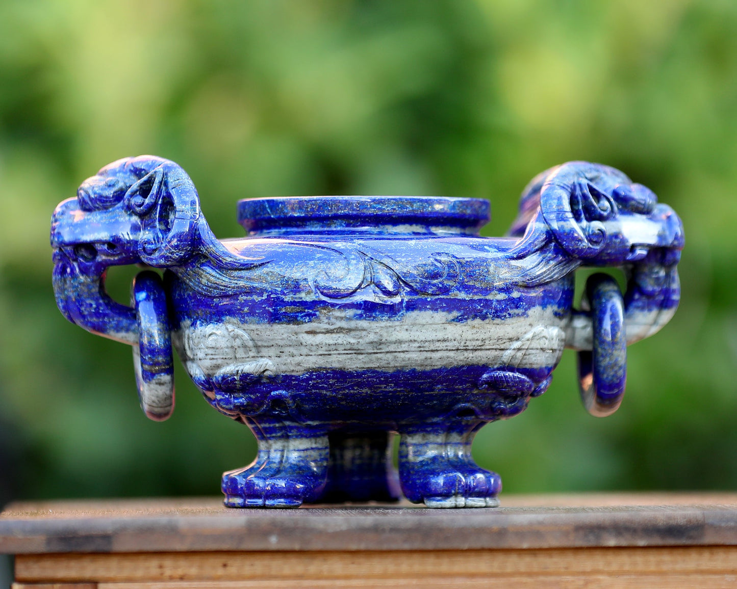 Nicedony 9.0” Natural Lapis Lazuli Hand Carved 3 Foot Censer with Lid - View 9