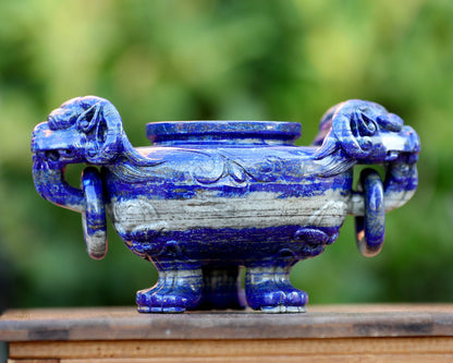 Nicedony 9.0” Natural Lapis Lazuli Hand Carved 3 Foot Censer with Lid - View 9