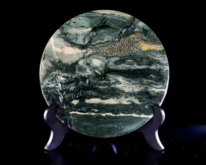Nicedony 9” Natural Jiulong Jade Crystal Circular Display Plate Sculpture with Wooden Stand