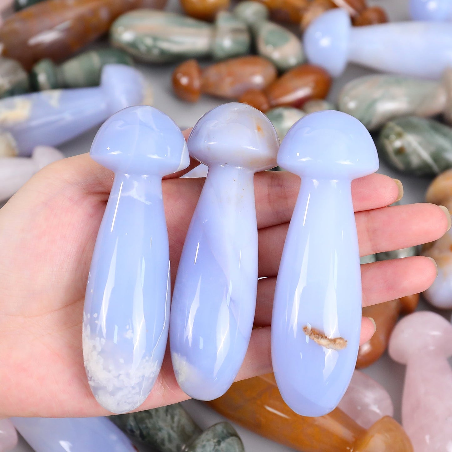 Nicedony 98mm Blue Chalcedony Hand Carved Mushroom Guasha Stick - View 5