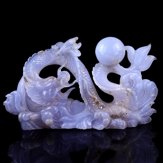 Nicedony 10.2" Blue Chalcedony Hand Carved Crystal Dragon Sculpture