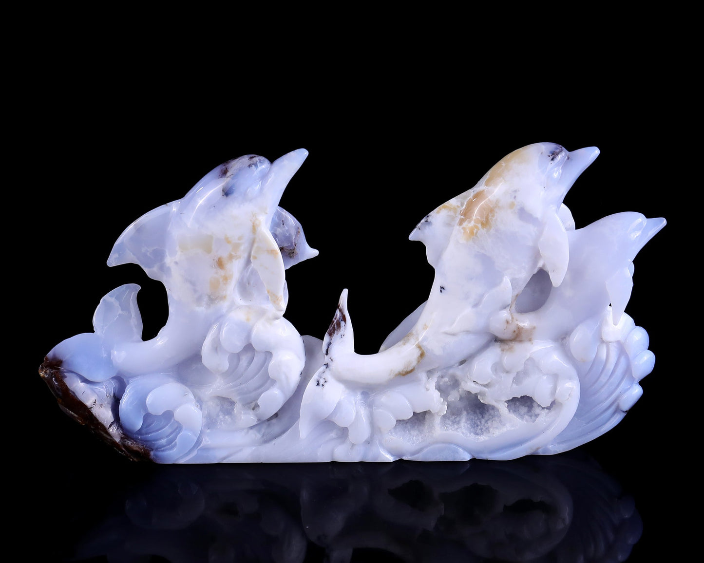 Nicedony 11.0" Blue Chalcedony Hand Carved Crystal Dolphins Sculpture