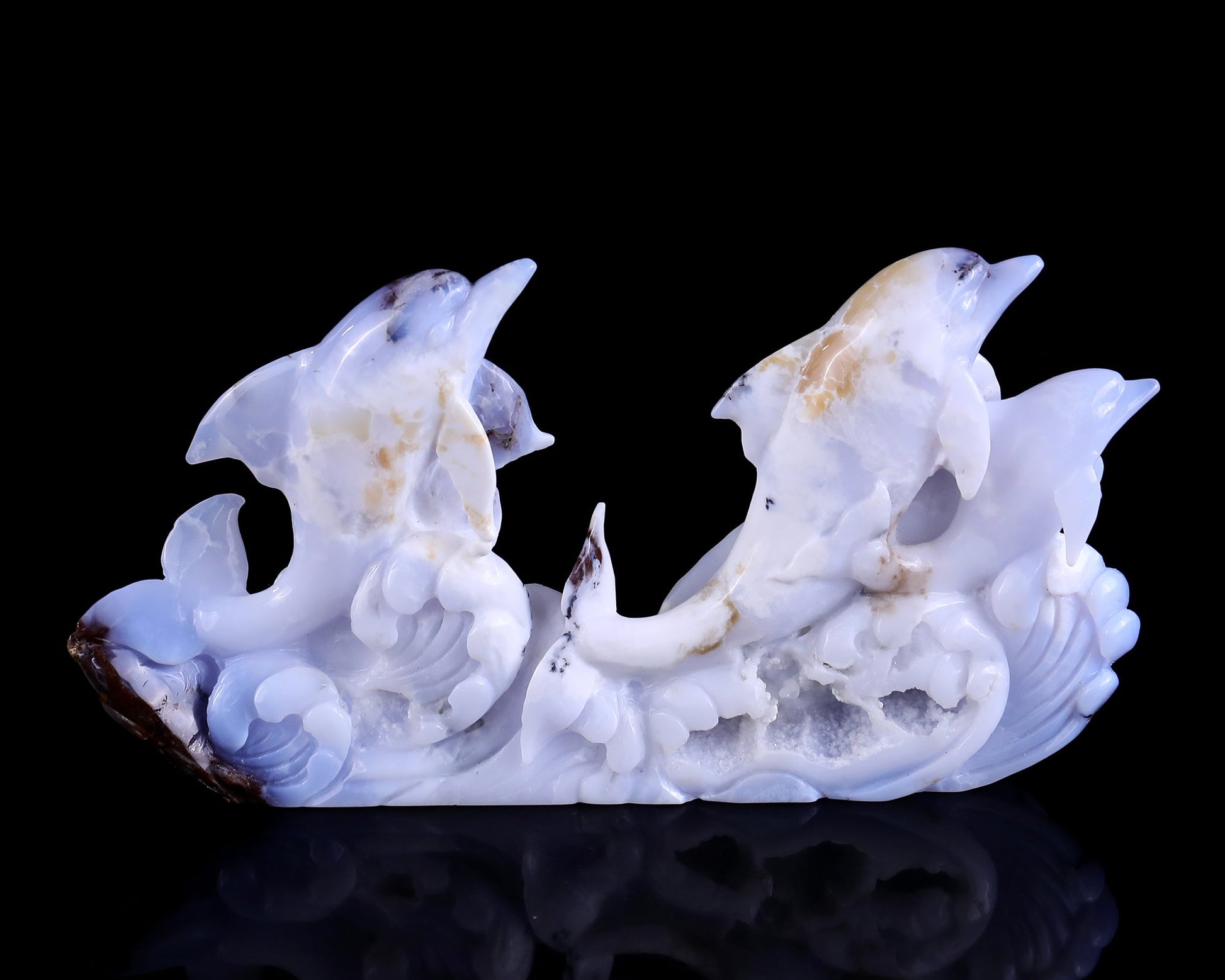 Nicedony 11.0" Blue Chalcedony Hand Carved Crystal Dolphins Sculpture