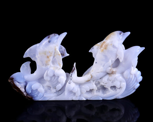 Nicedony 11.0" Blue Chalcedony Hand Carved Crystal Dolphins Sculpture