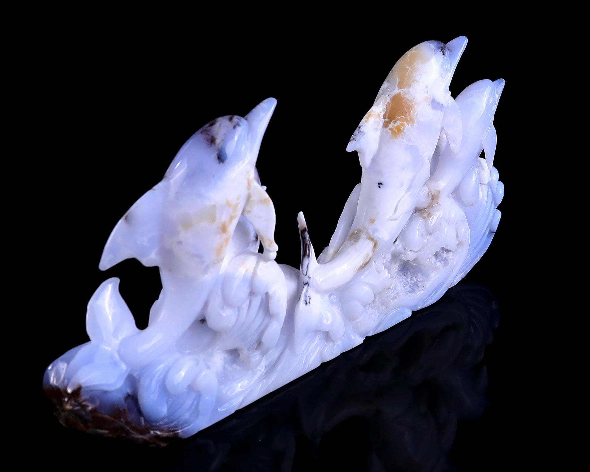 Nicedony 11.0" Blue Chalcedony Hand Carved Crystal Dolphins Sculpture - View 2