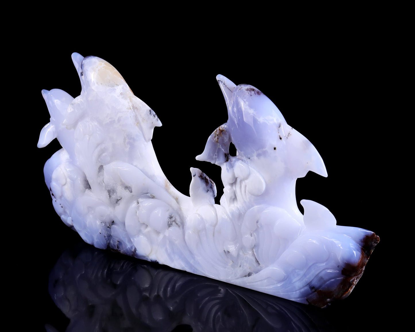 Nicedony 11.0" Blue Chalcedony Hand Carved Crystal Dolphins Sculpture - View 4