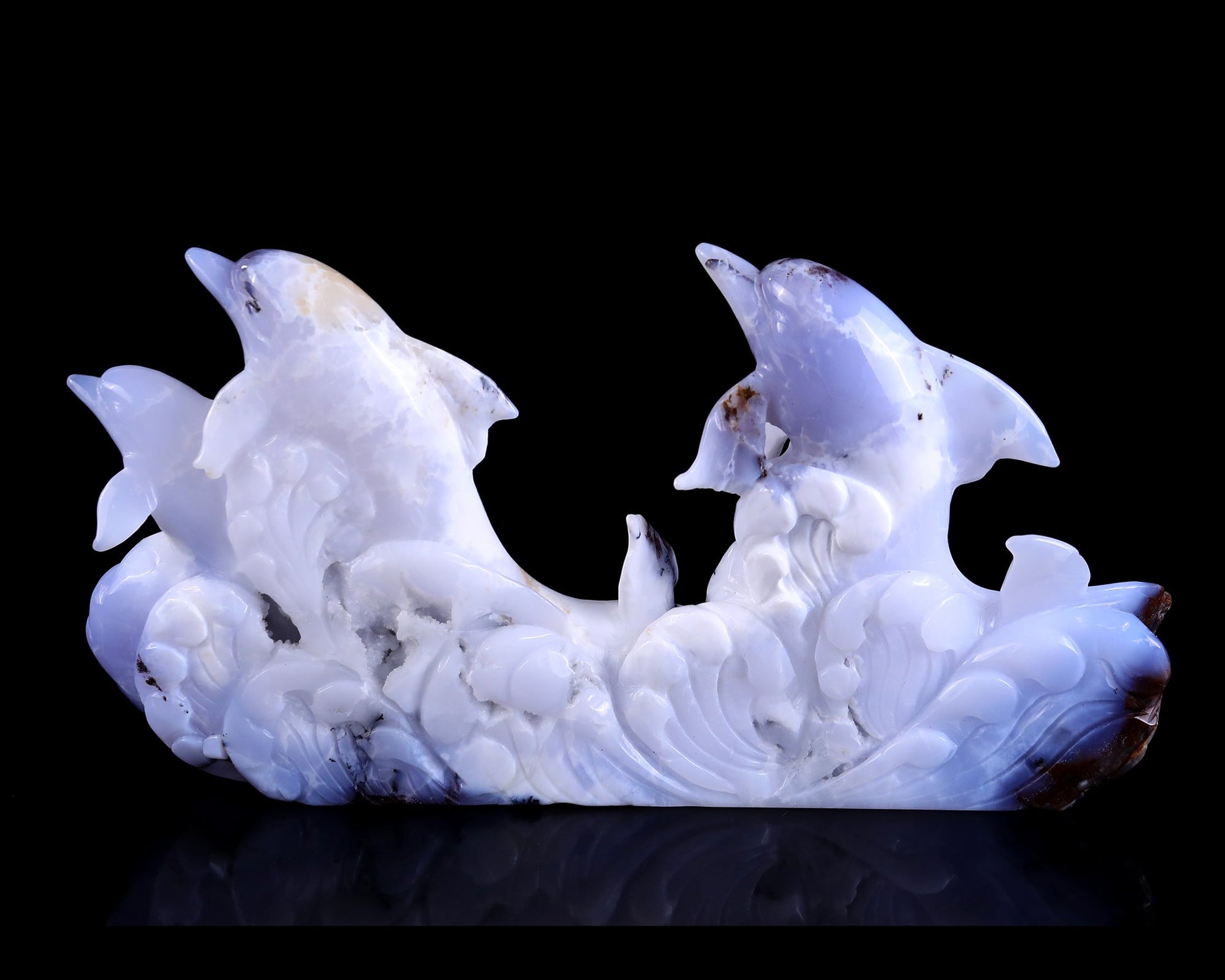 Nicedony 11.0" Blue Chalcedony Hand Carved Crystal Dolphins Sculpture - View 5