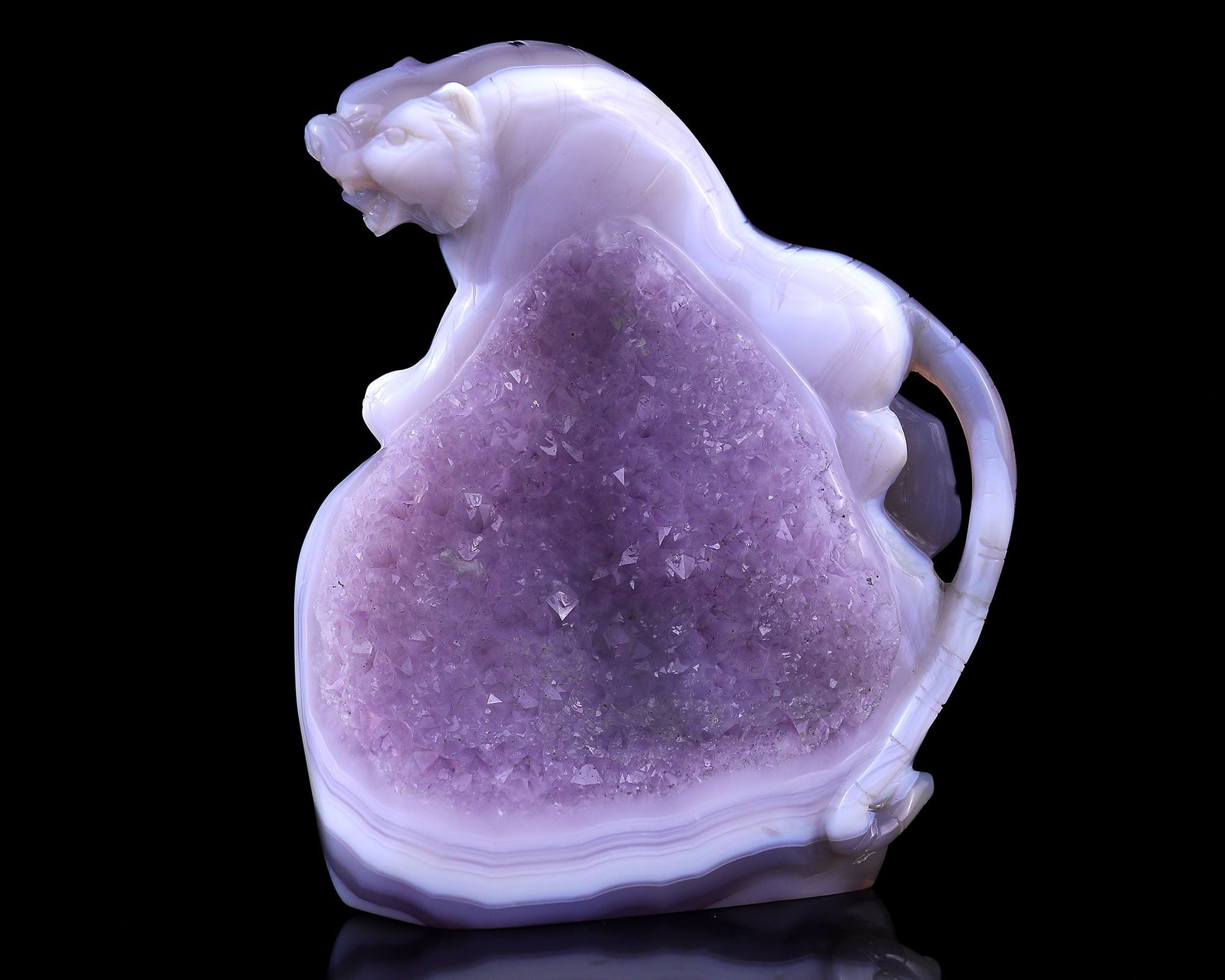 Nicedony 5.0" Amethyst Druse Agate Hand Carved Tiger Sculpture