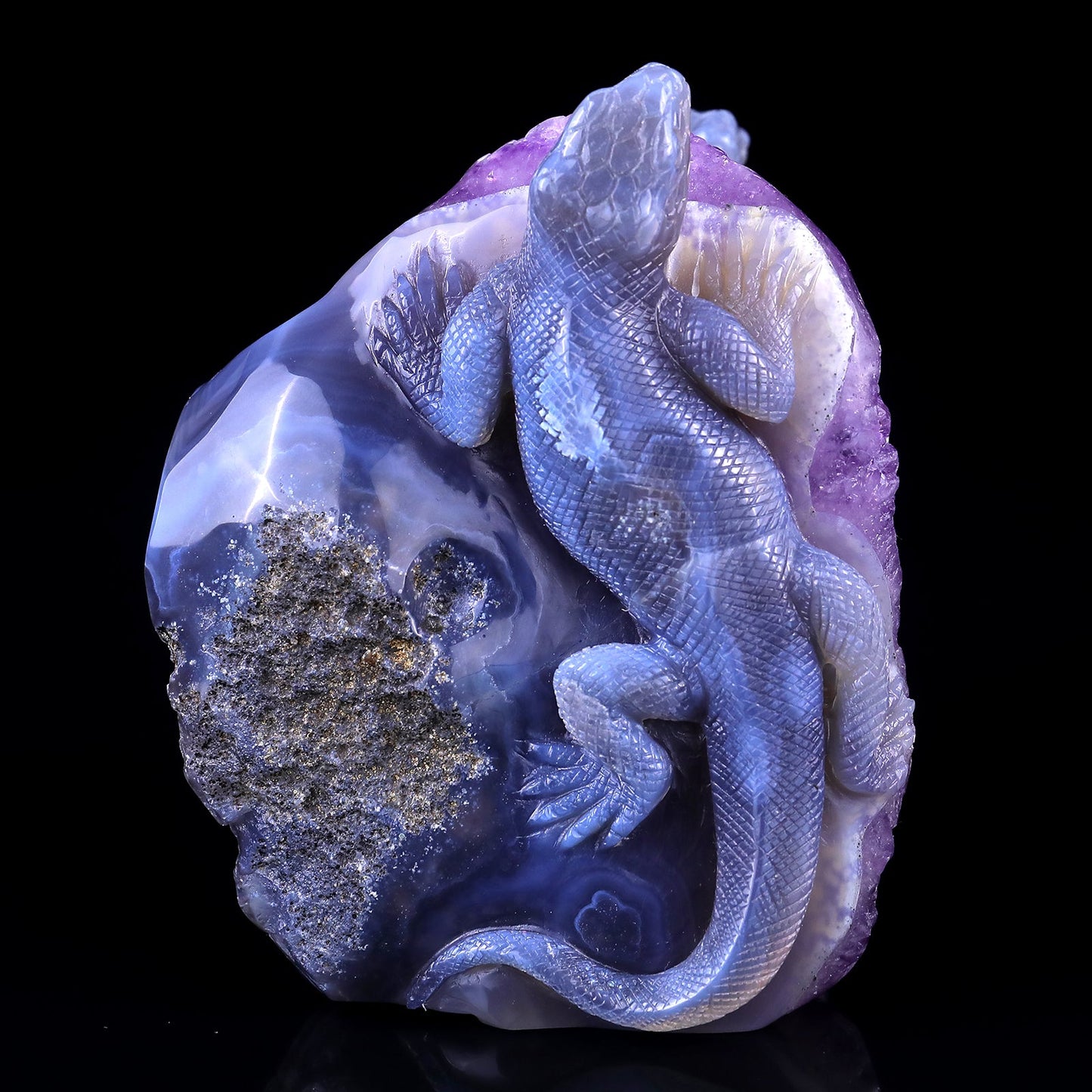 Nicedony 5.1" Amethyst Geode Agate Hand Carved Lizard Sculpture - View 4