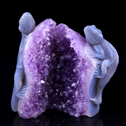 Nicedony 5.1" Amethyst Geode Agate Hand Carved Lizard Sculpture