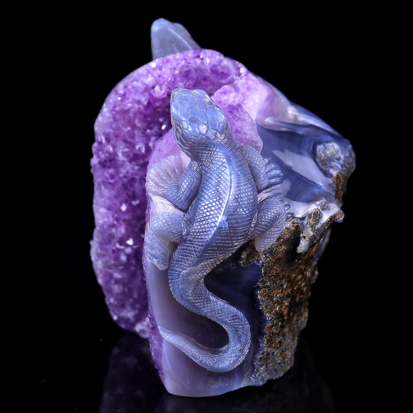 Nicedony 5.1" Amethyst Geode Agate Hand Carved Lizard Sculpture - View 6