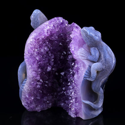 Nicedony 5.1" Amethyst Geode Agate Hand Carved Lizard Sculpture - View 7