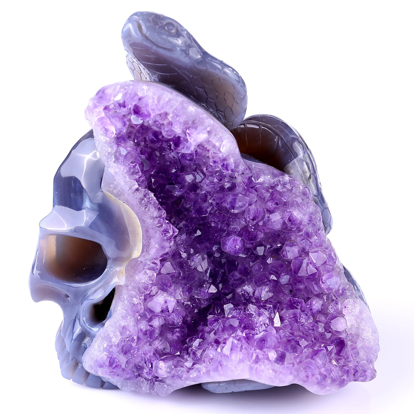 Nicedony 5.1" Amethyst Geode Agate Hand Carved Snake and Skull - View 9