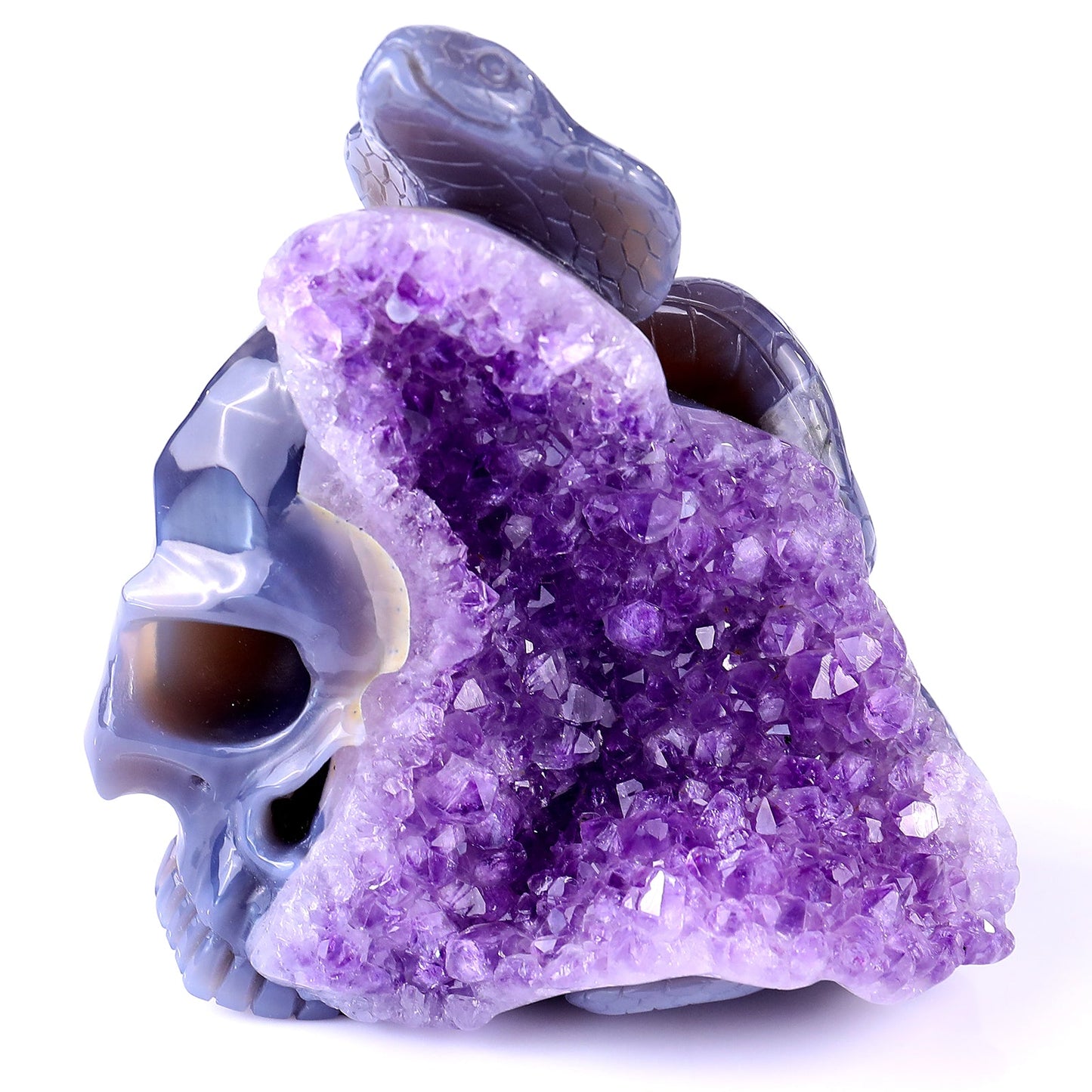 Nicedony 5.1" Amethyst Geode Agate Hand Carved Snake and Skull