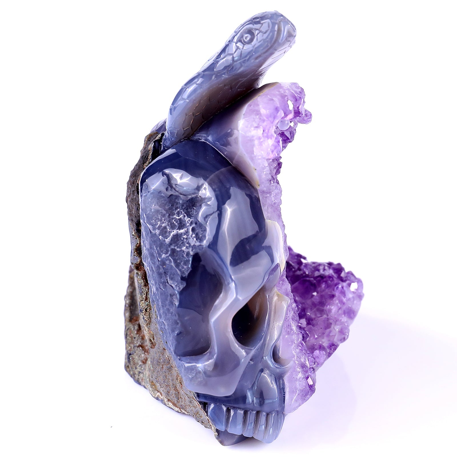 Nicedony 5.1" Amethyst Geode Agate Hand Carved Snake and Skull - View 3