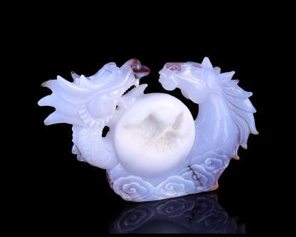 Nicedony 8.0" Blue Chalcedony Hand Carved Horse and Dragon Sculpture
