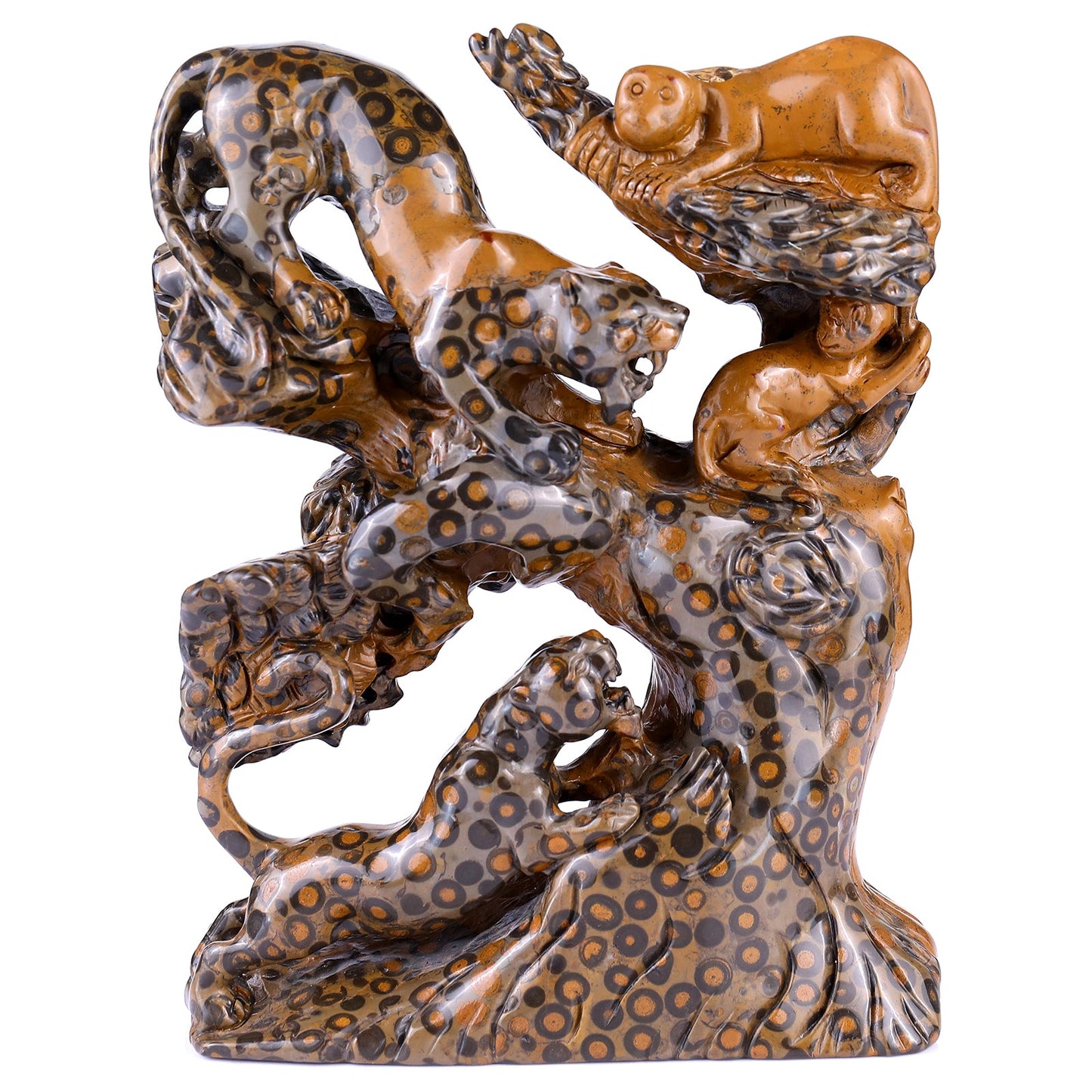 Nicedony 9.3" Leopard Skin Jasper Hand Carved Leopards & Monkeys