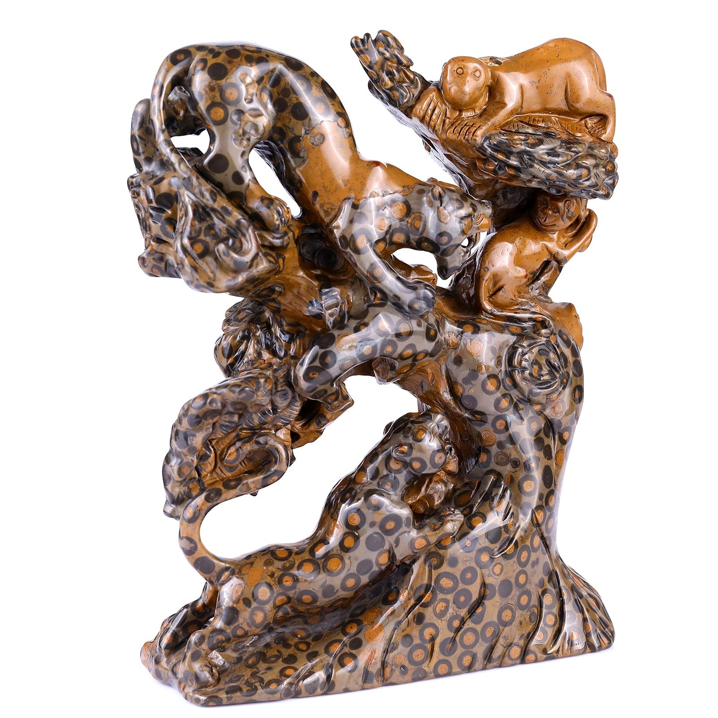 Nicedony 9.3" Leopard Skin Jasper Hand Carved Leopards & Monkeys - View 2