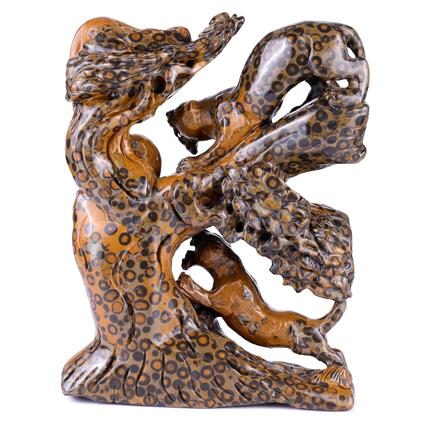 Nicedony 9.3" Leopard Skin Jasper Hand Carved Leopards & Monkeys - View 3