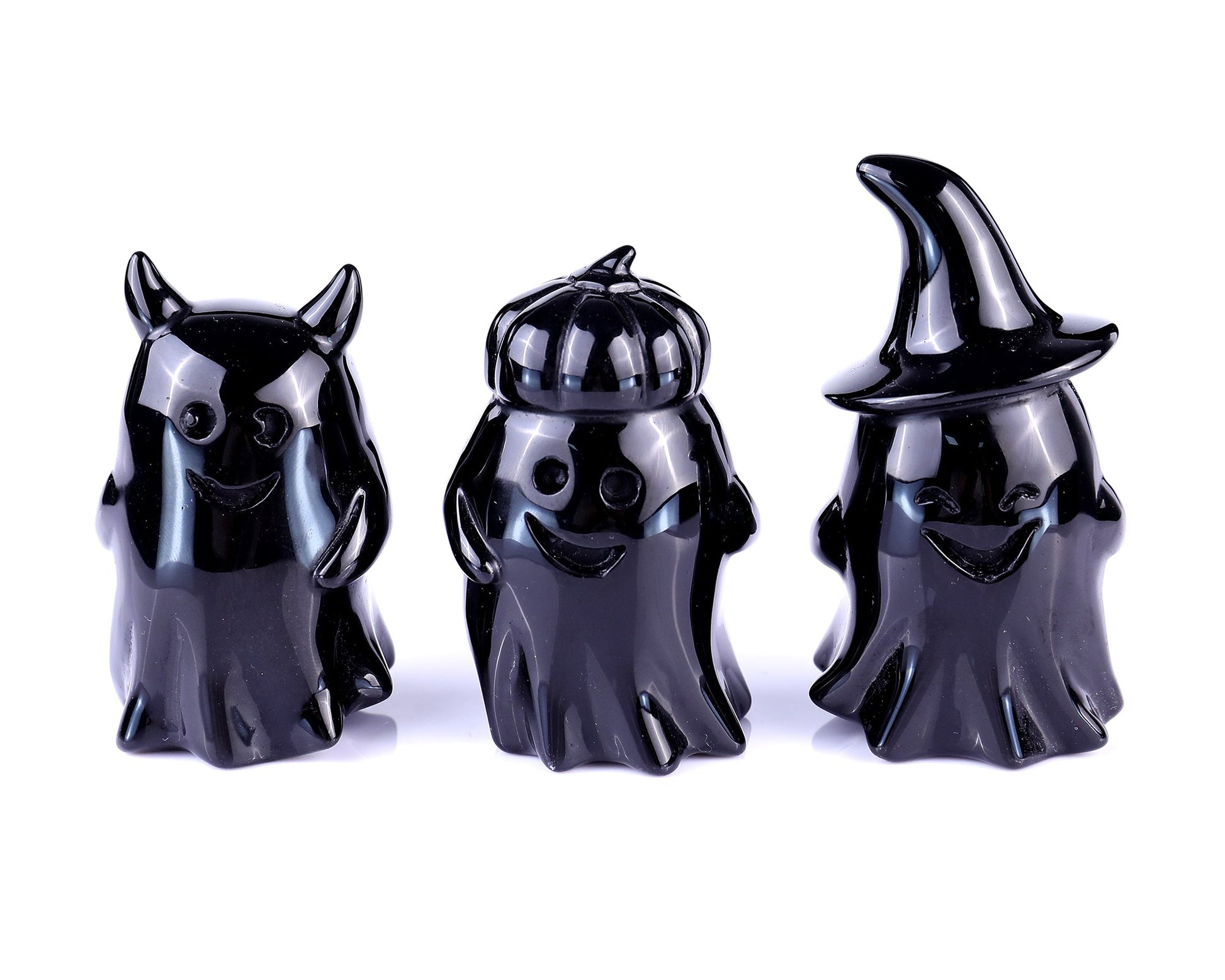 Nicedony 3.0" Black Obsidian Hand Carved Pumpkin Ghost Sculpture - View 8
