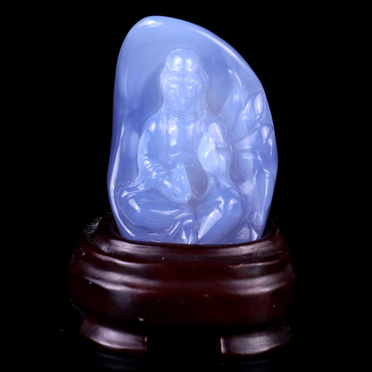 Nicedony Gemstone 3.2" Blue Chalcedony Hand Carved Crystal Kwan-yin Sculpture
