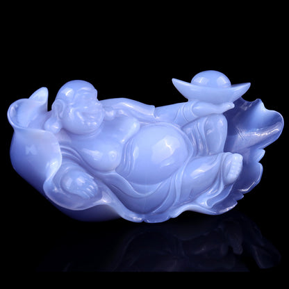 Nicedony Gemstone 8.7" Blue Chalcedony Hand Carved Crystal Buddha Sculpture