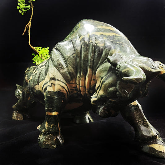 Nicedony Amazing 21.7kg Jiulong Jade Hand Carved Crystal Cattle Statue Home & Office Decor