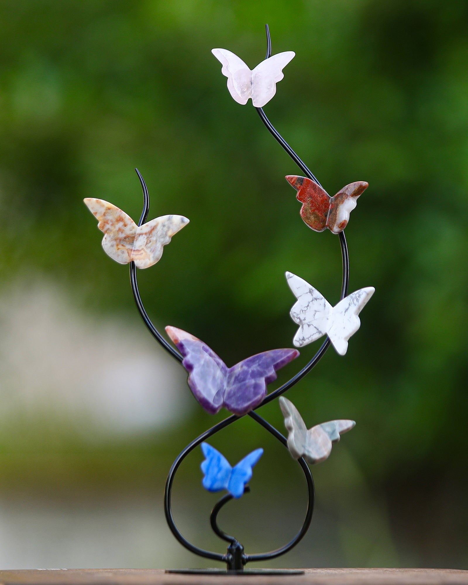 Nicedony Natural Crystal Colorful Butterfly with Black Metal Stand