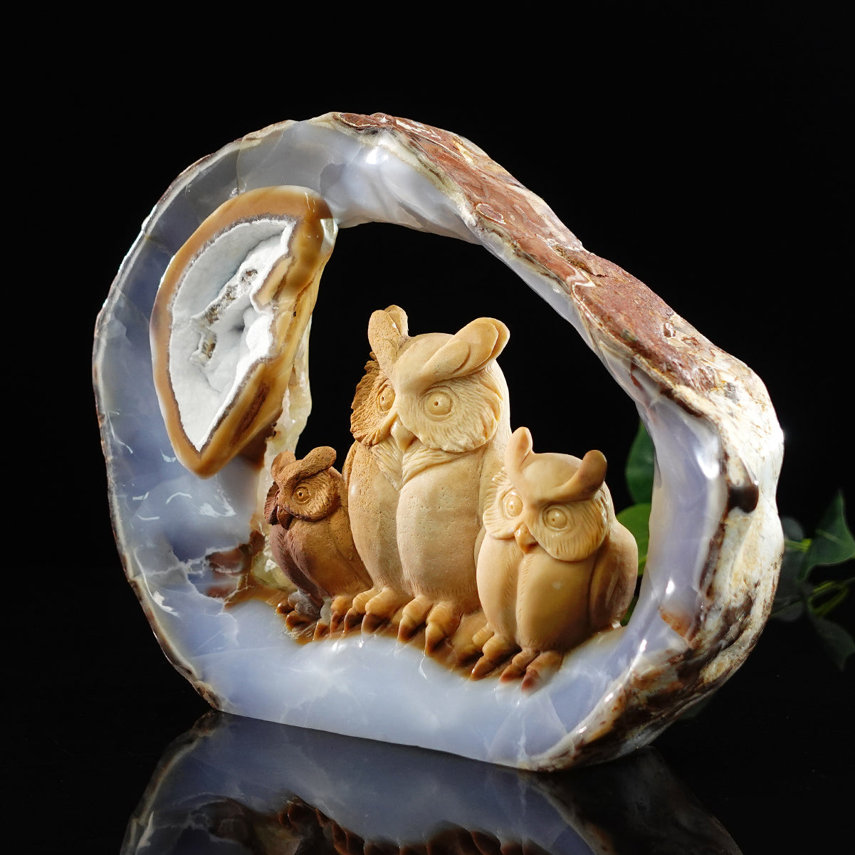 Nicedony 9.5" Blue Chalcedony Hand Carved Owl Family - View 8