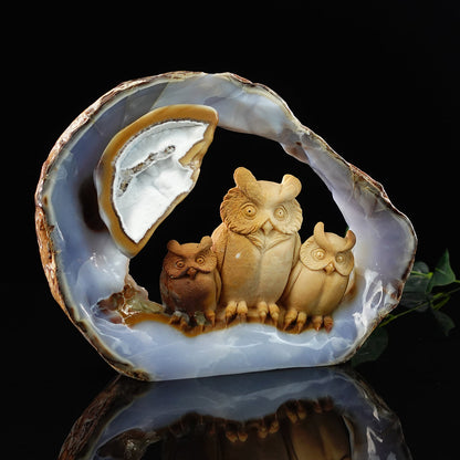 Nicedony 9.5" Blue Chalcedony Hand Carved Owl Family - View 5