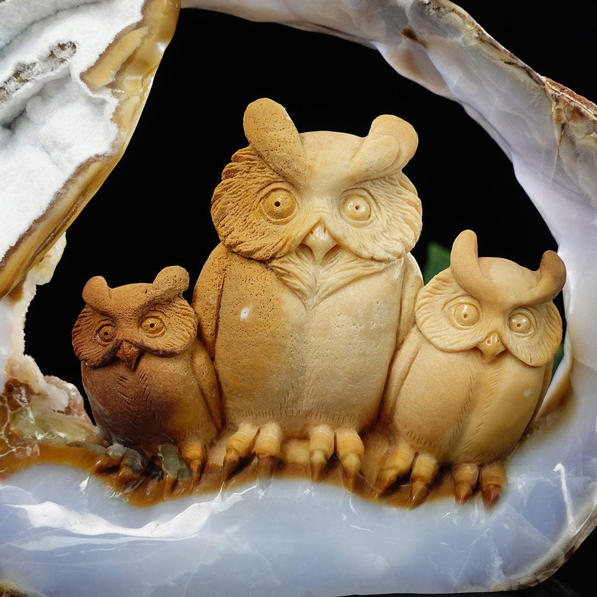Nicedony 9.5" Blue Chalcedony Hand Carved Owl Family - View 2